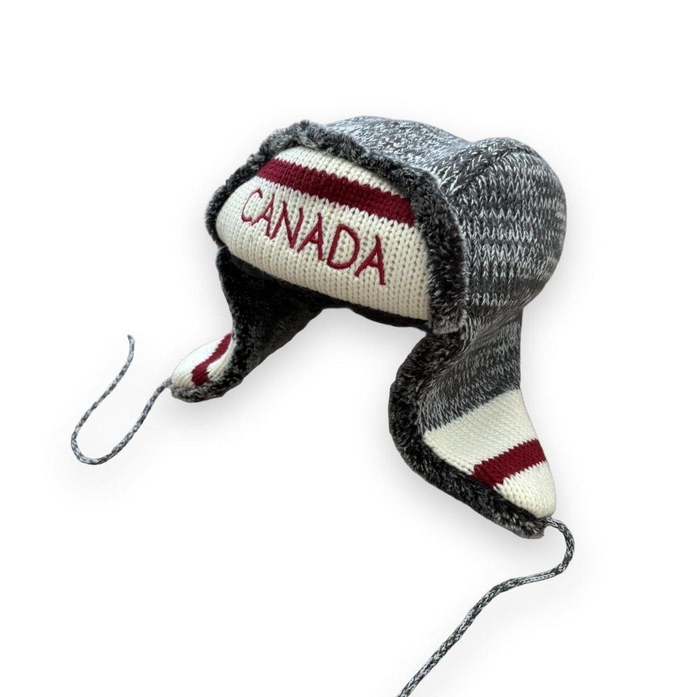 Canada Knit Trapper Hat Gray Marled Ushanka Red White Striped MM-HAT70360 L/XL